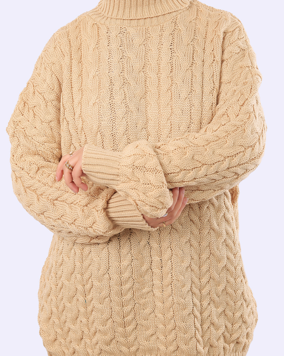 Beige cable knit turtleneck sweater dress from WIND Shopping, elegant winter fashion.