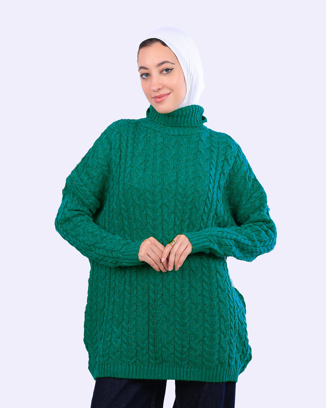 Woman in green cable knit sweater and white hijab, WIND Shopping Egypt fashion
