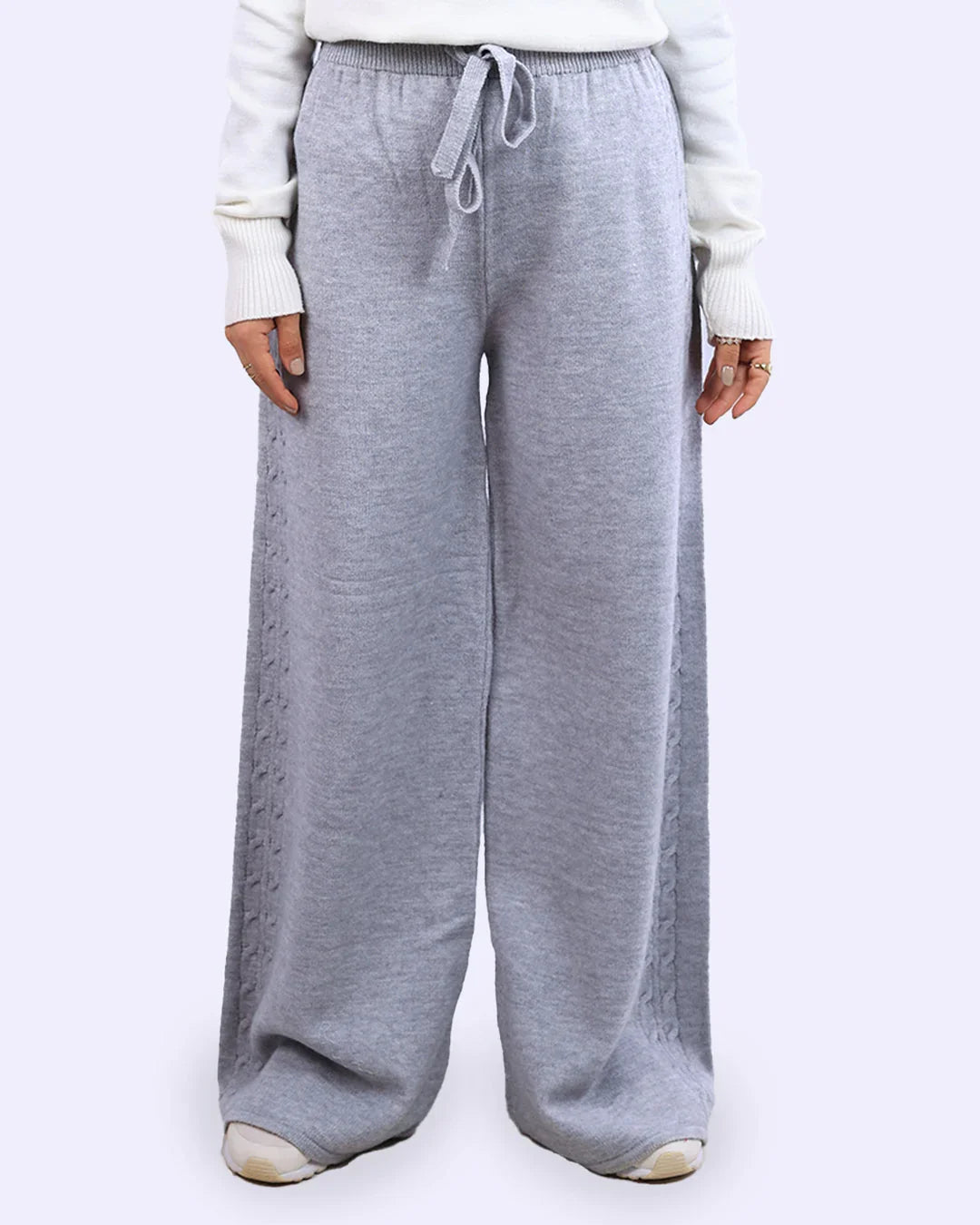 Wide-leg light grey knit pants with drawstring waist, WIND Shopping fashion.