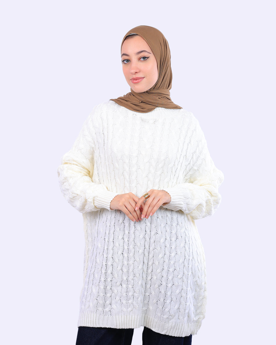 Woman in brown hijab and white cable knit sweater, WIND Shopping fashion Egypt