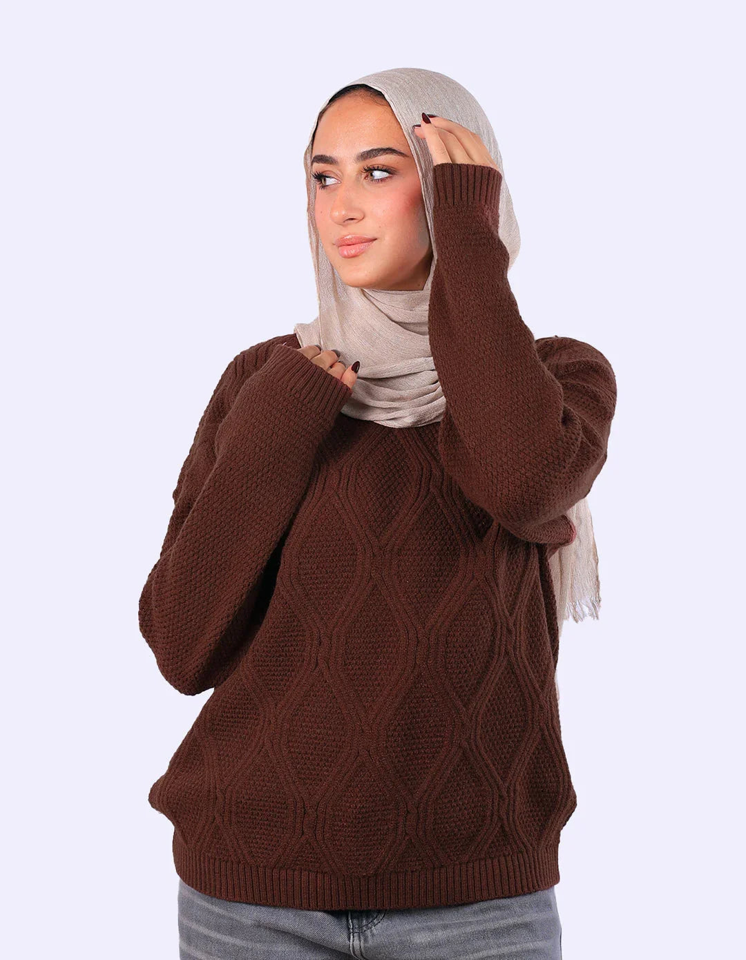 Woman in beige hijab and brown textured sweater from WIND Shopping, stylish modest fashion