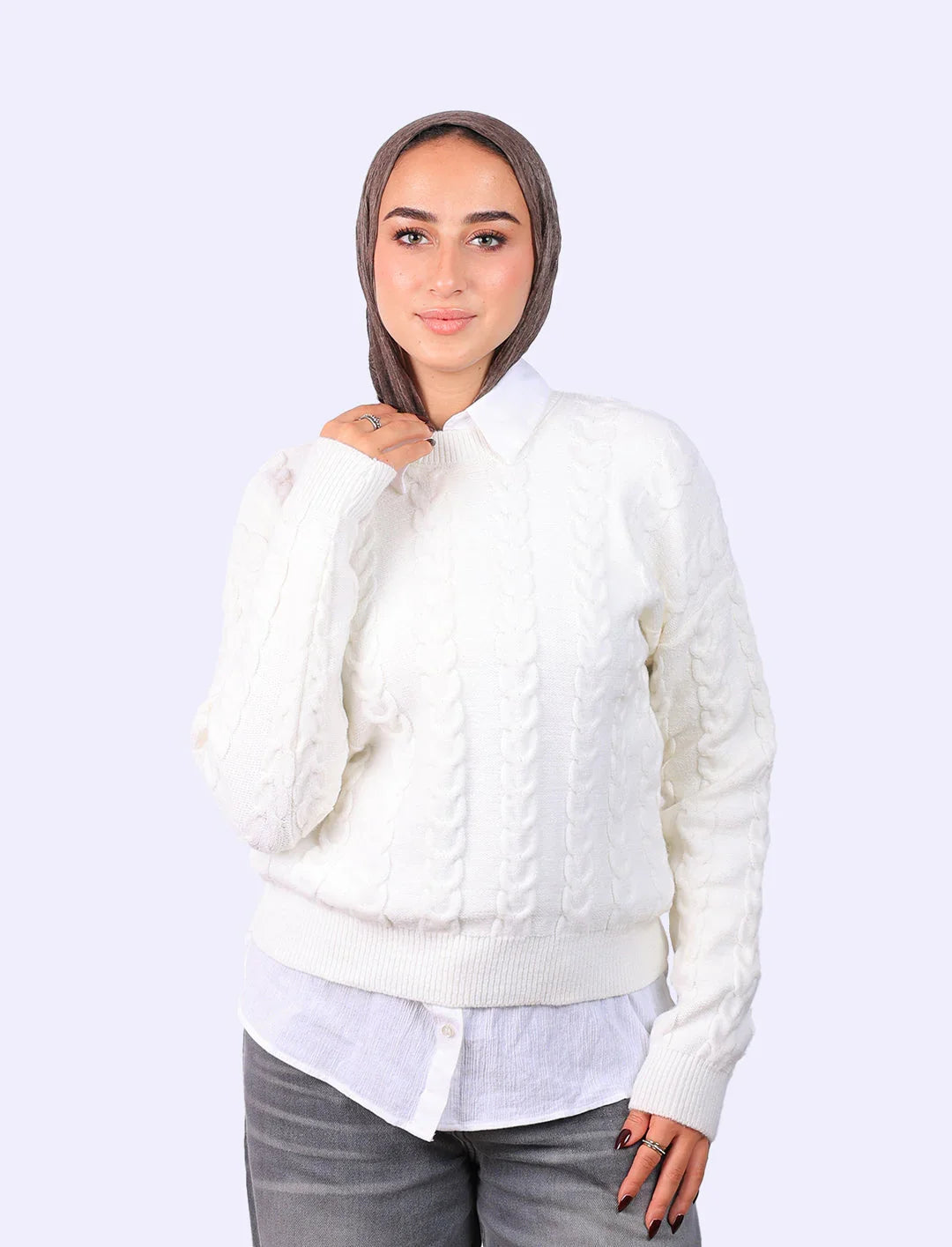 Woman in white cable knit sweater and hijab, WIND Shopping Egyptian fashion