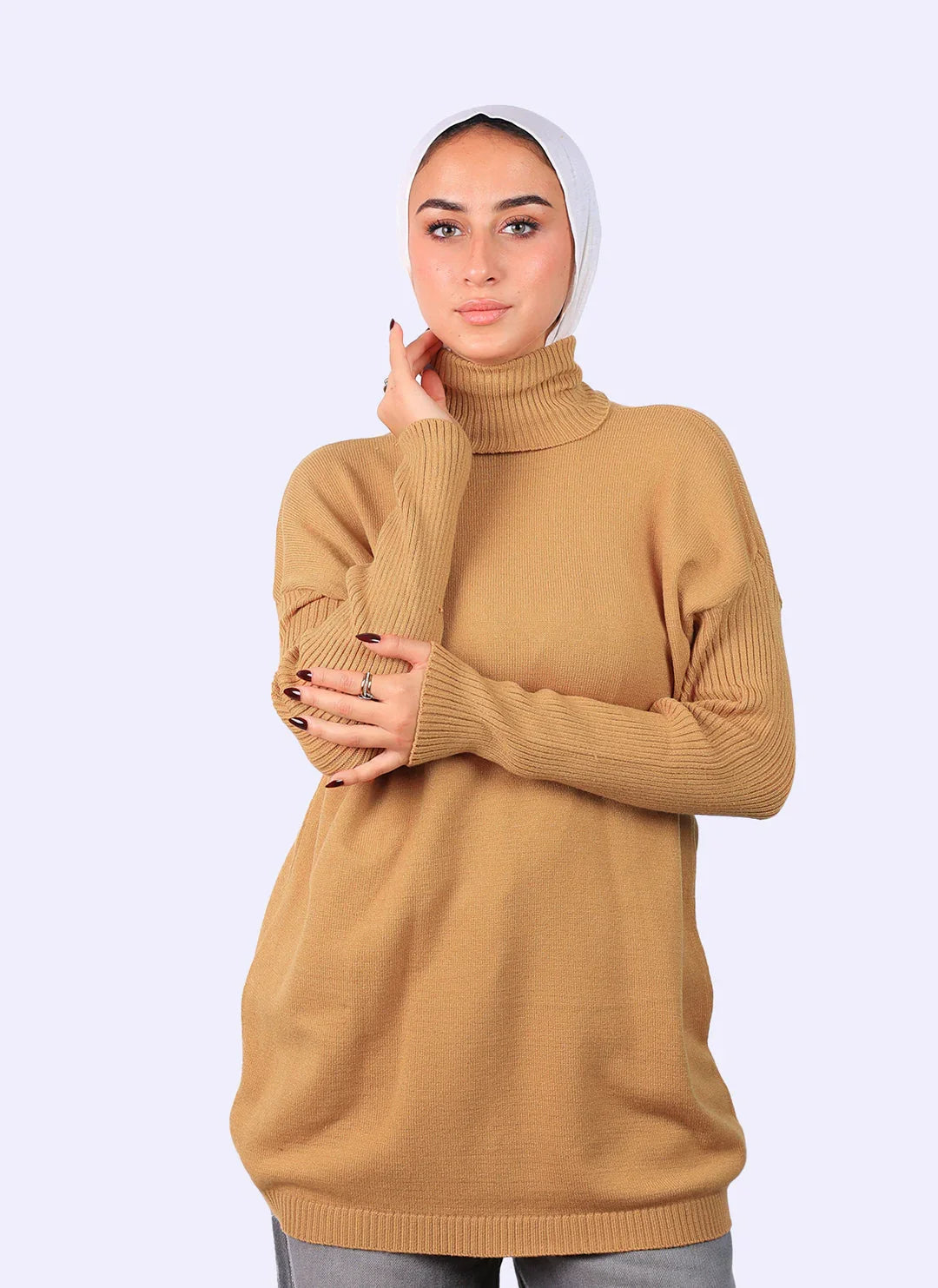 Woman in camel turtleneck sweater and white headscarf, WIND Shopping fashion Egypt
