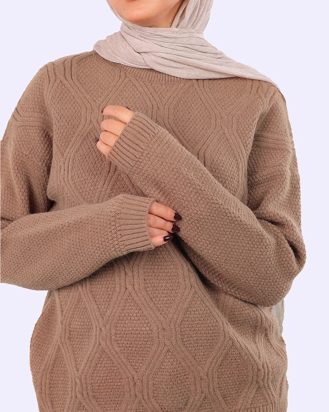 Woman in beige textured knit sweater and light hijab, WIND Shopping Egypt fashion