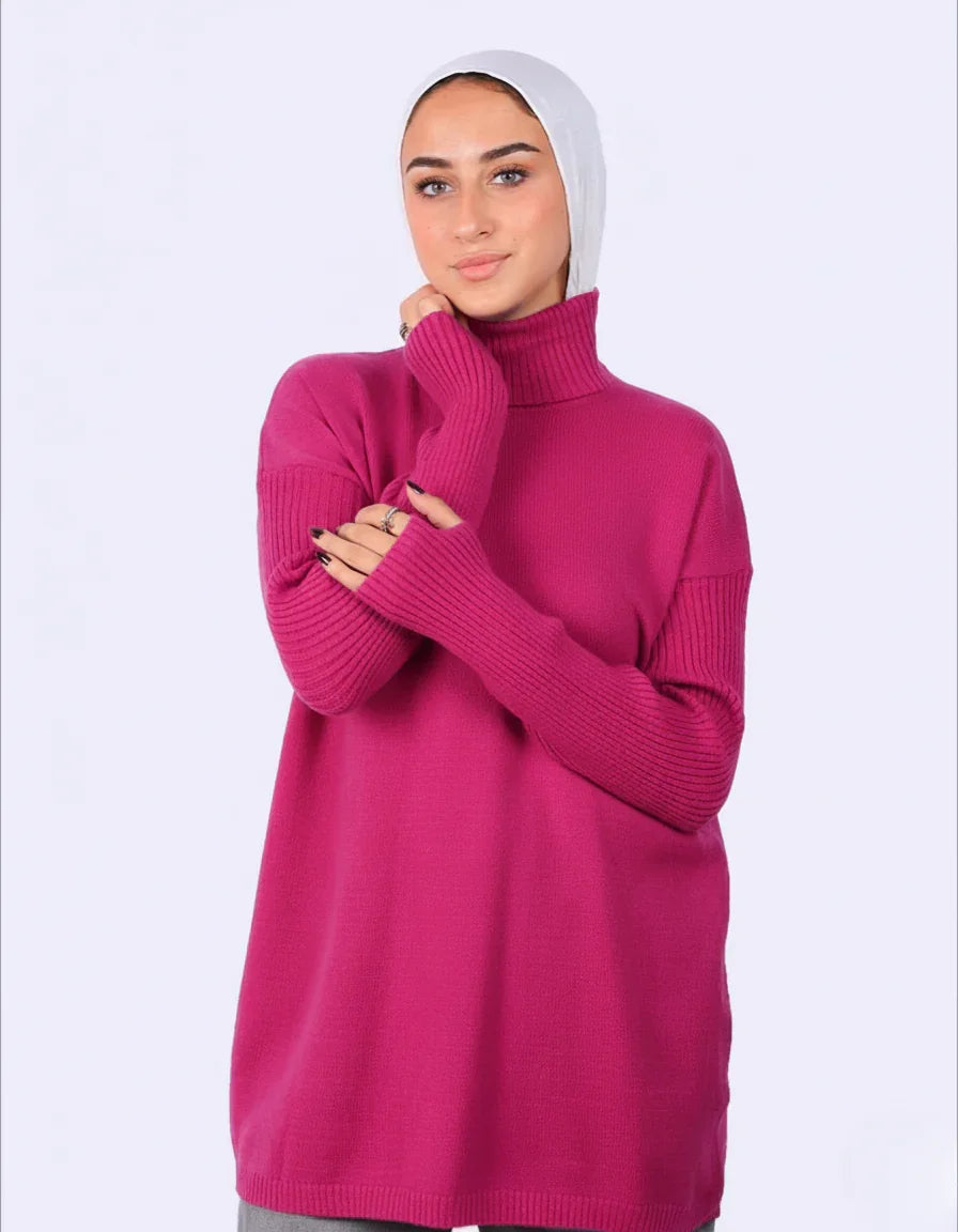 Woman in fuchsia turtleneck sweater and white hijab, WIND Shopping fashion Egypt