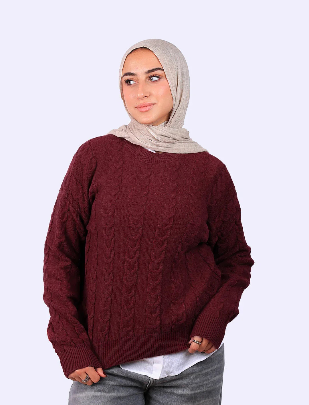 Woman in beige hijab and burgundy cable knit sweater from WIND Shopping